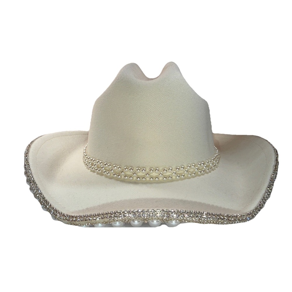 NWT Francesca's Cowgirl Hat Pearls & Rhinestones Felt Faux Suede Bedazzled Stain - Picture 3 of 5